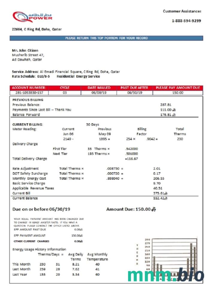 Szablon rachunku za energię elektryczną Qatar Power Firma w formacie Word i PDF